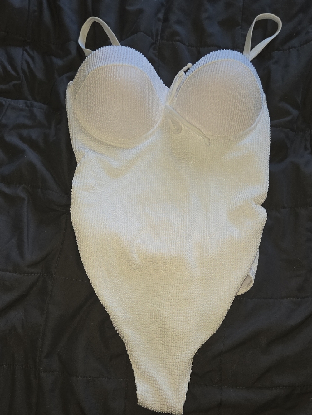 SHEIN White Textured Bandeau Bodysuit with Built-In Cups